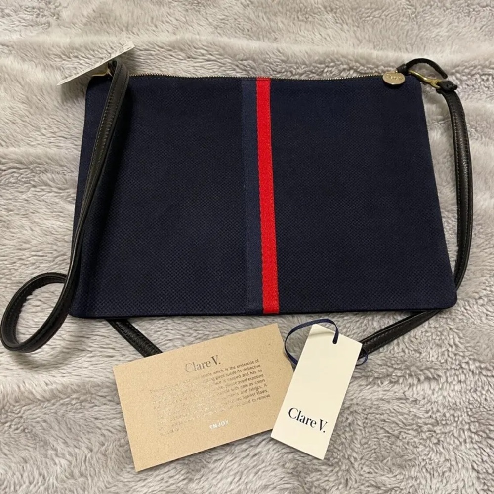 Clare V. Sac Bretelle Navy Perf Suede w Stripes Crossbody Bag NWT Perforated